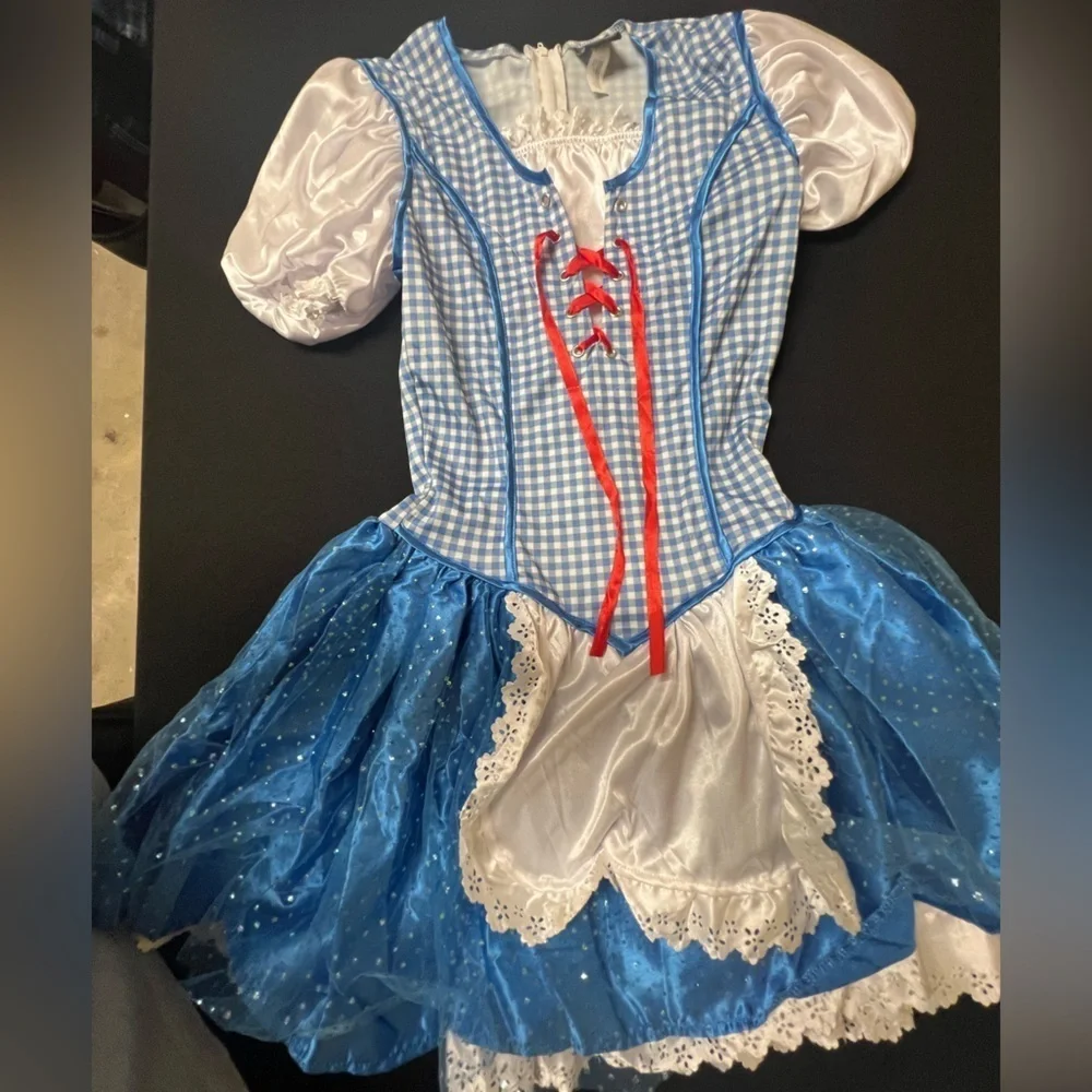 HALLOWEEN COSTUME WIZARD OF OZ  “DOROTHY” KIDS LARGE 12-14. DRESS & 2 RED BOWS